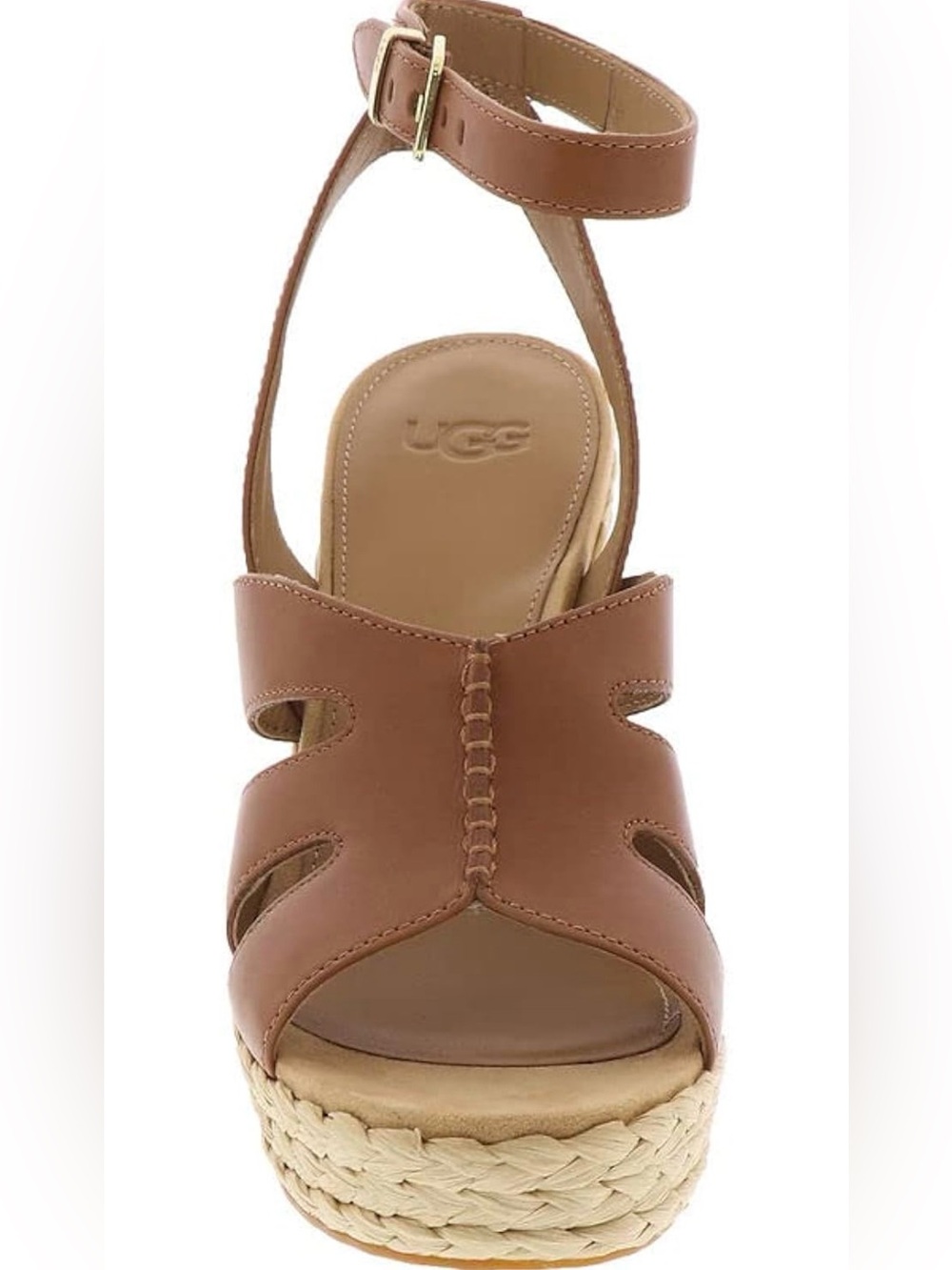 UGG Women's Careena Platform Tan Leather Wedge Sandal with Ankle Strap Size 6.5